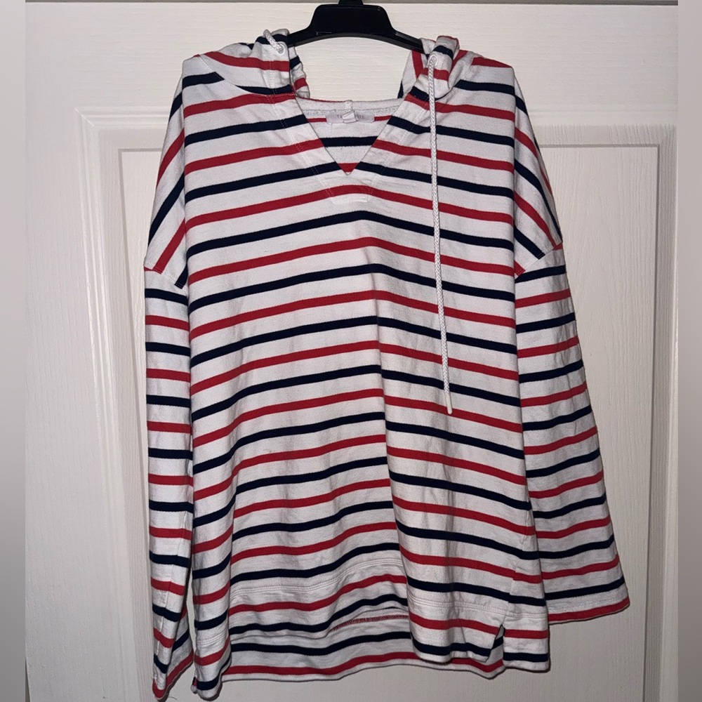 Talbots White Navy and Red Striped Hoodie Sweatshirt